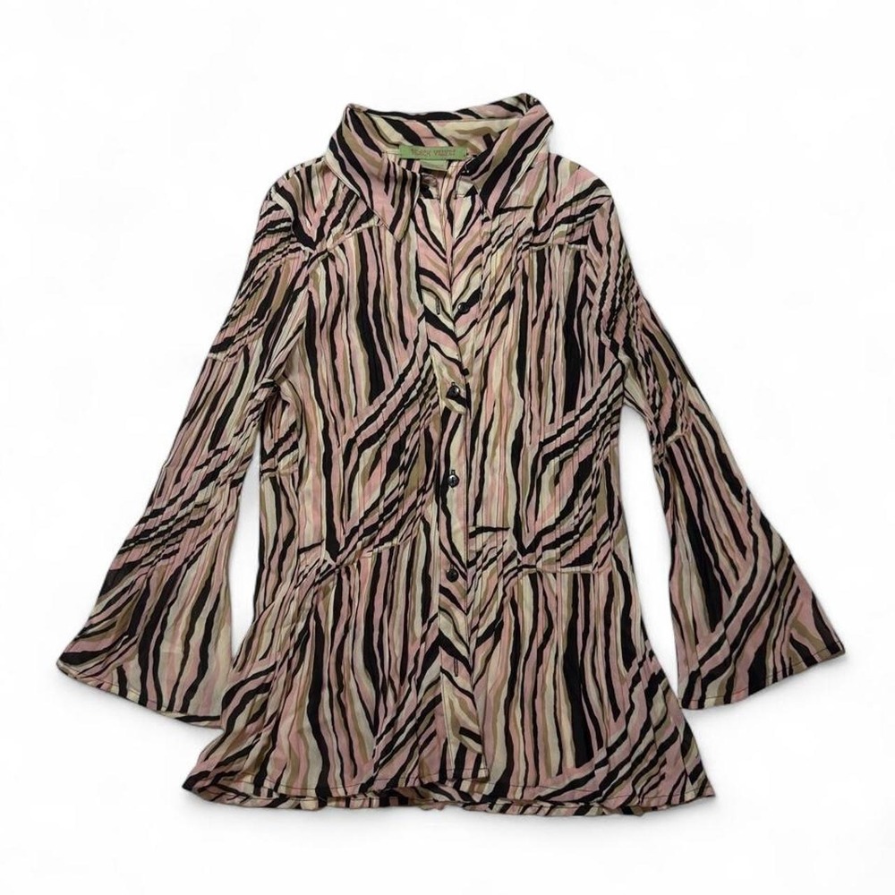Vintage Y2K Peach Velvet Retro Pink Zebra Abstract Plisse Button Up Blouse